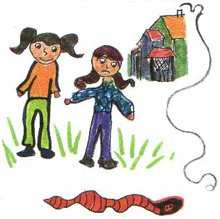 Child's drawing of two girls and a worm