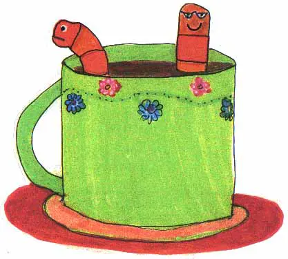 Child's drawing of two worms in a green coffee cup.